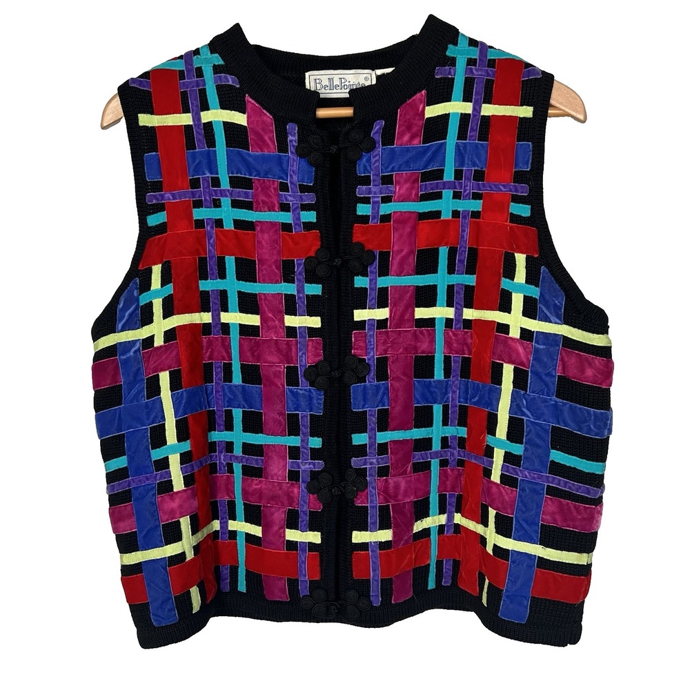 Vintage 90s Velvet Stripe Vest Womens Medium Colorful Artsy Maximalism Teacher